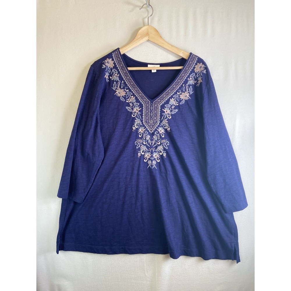 J Jill Top XL Embroidered Tunic Relaxed Fit Boho Casual Lightweight Blue
